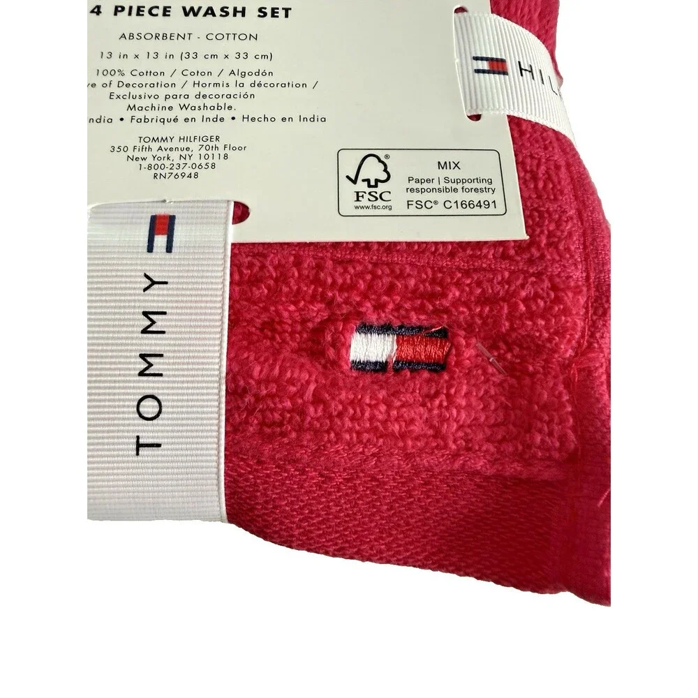 Tommy Hilfiger Logo Hot Pink 100% Cotton 4 Piece Washcloths Facecloths 13X13